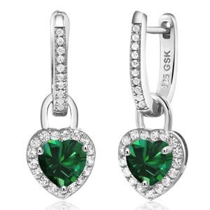 925 Sterling Silver with 1.86 Cttw Emerald and White Sapphire Heart Earrings